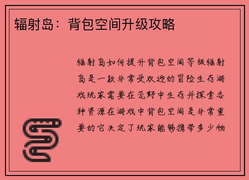辐射岛：背包空间升级攻略