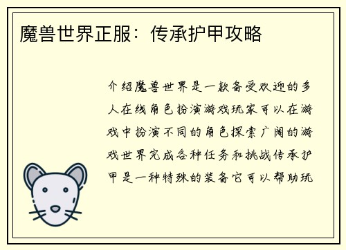 魔兽世界正服：传承护甲攻略